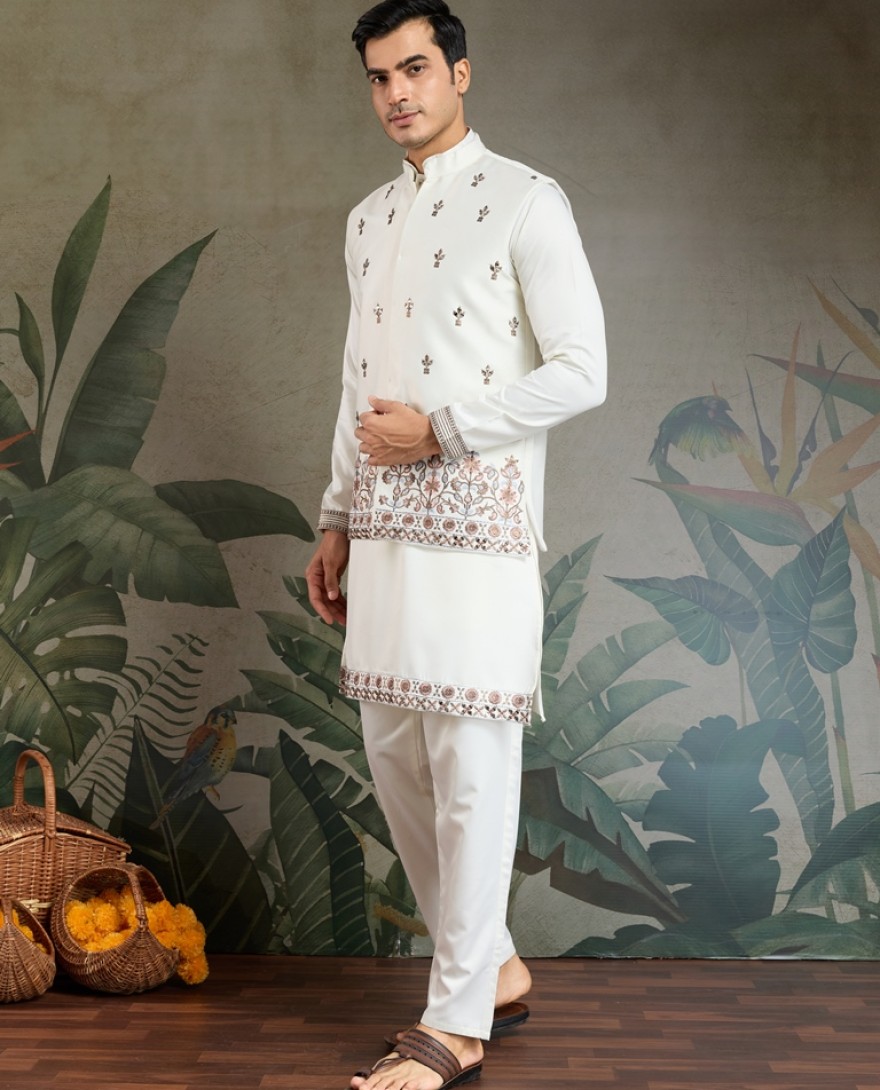 61103-WHITE  - Ivory Embroidered Kurta Set for Men